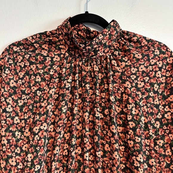 Zara Dark Floral Smocked High Neck Long Sleeve Ruffle Hem Mini Dress Size M - Picture 6 of 13